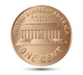 United States one cent or penny, coin with Lincoln Memorial on reverse.